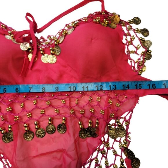 Fuchsia Pink Belly Dancing Top Crocheted with Gold Beads Coins Halter Crop Top - Picture 6 of 6